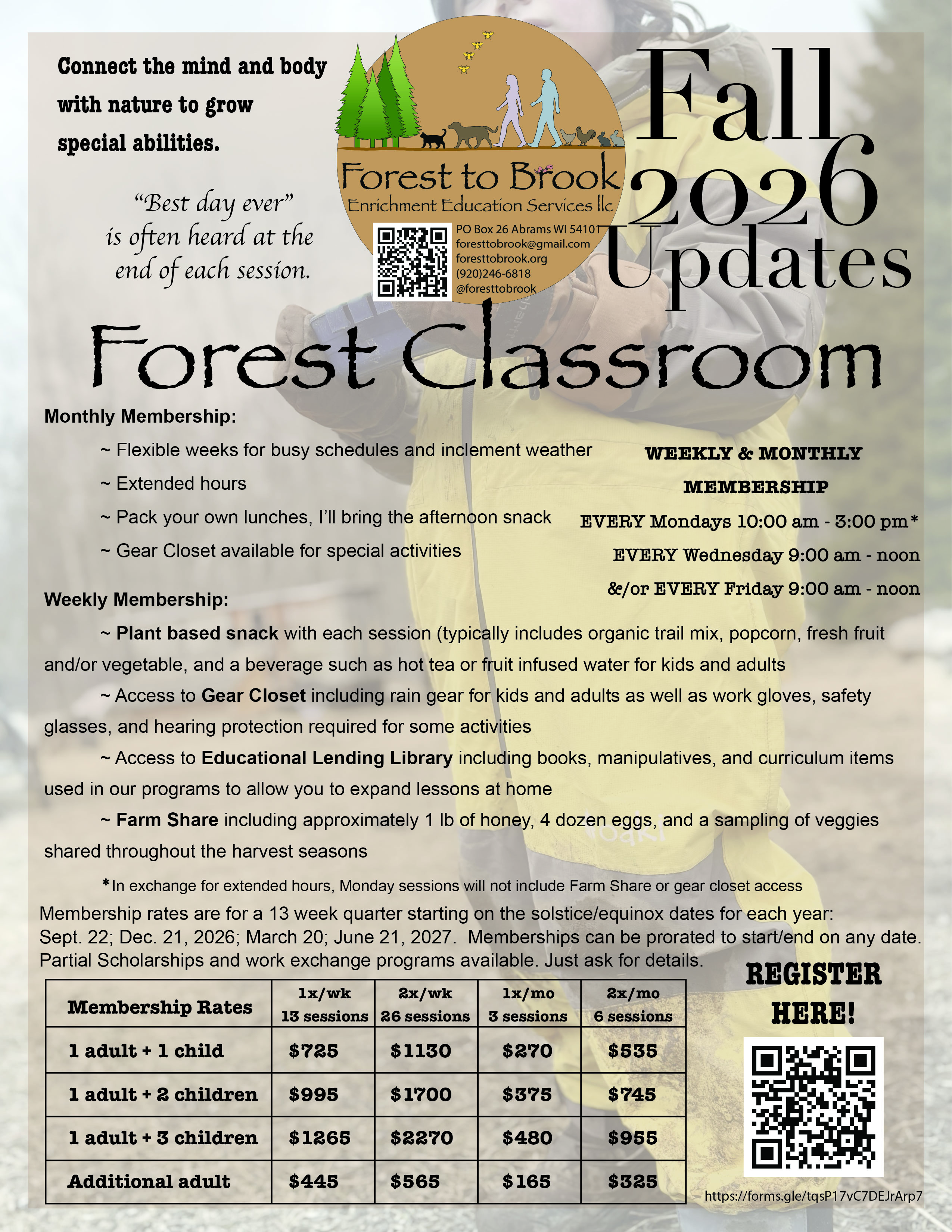 This image lists the days and times of Forest Classroom. Call (920)246-6818 for a complete description.